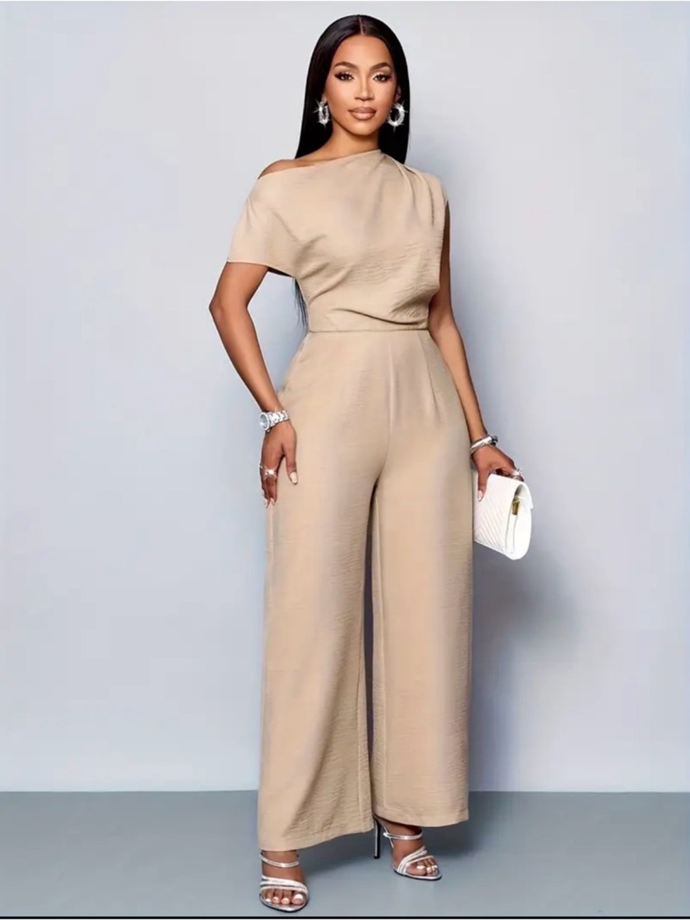 Elegant One-Shoulder Wide-Leg Jumpsuit in Beige